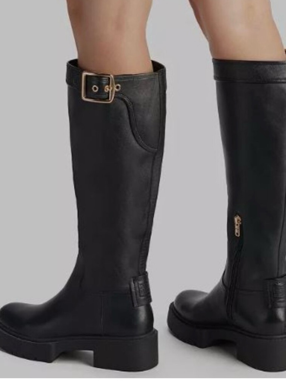 Coach Black Knee-High Riding Boots with Gold Buckle